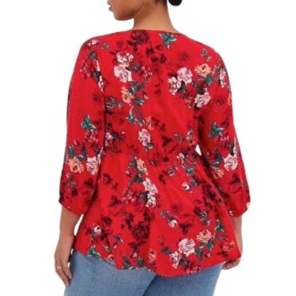 Torrid Red Floral Babydoll Eyelet Elastic Back Bishop Sleeve Lace-Up Top 3 = 3X - Picture 5 of 15